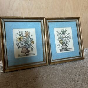 2 VINTAGE Floral Prints with light blue silk matting in gold frames